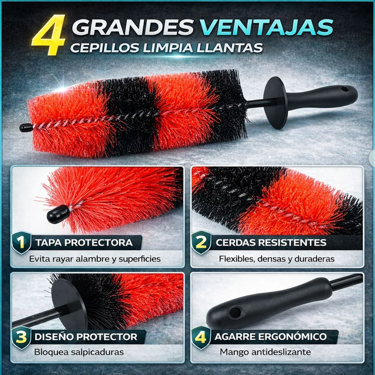 Cepillo De Limpieza Para Llantas Y Rines De Auto, Cerdas PU Resistentes, Mango Antideslizante. Limpieza Profunda Detailing Neumáticos Y Motor - Image 2