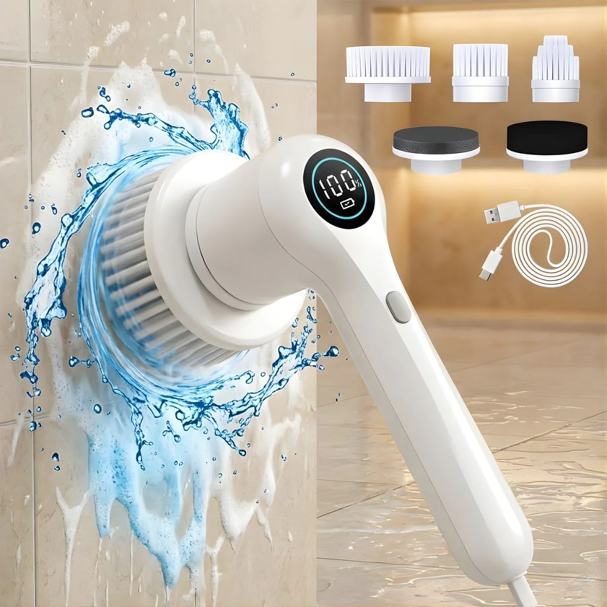 Cepillo Eléctrico De Limpieza Con Pantalla Digital. Limpiador Eléctrico Con 5 Cabezales Intercambiables. Resistencia Al Agua IPX7.