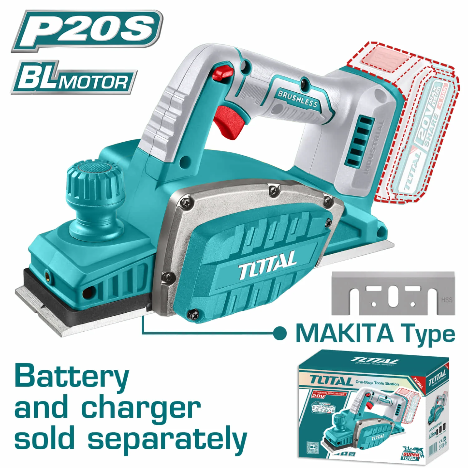 Cepillo Eléctrico De Madera Inalámbrico 320W 14000Rpm 82 X 2Mm 20V. No Incluye Batería Ni Cargador.