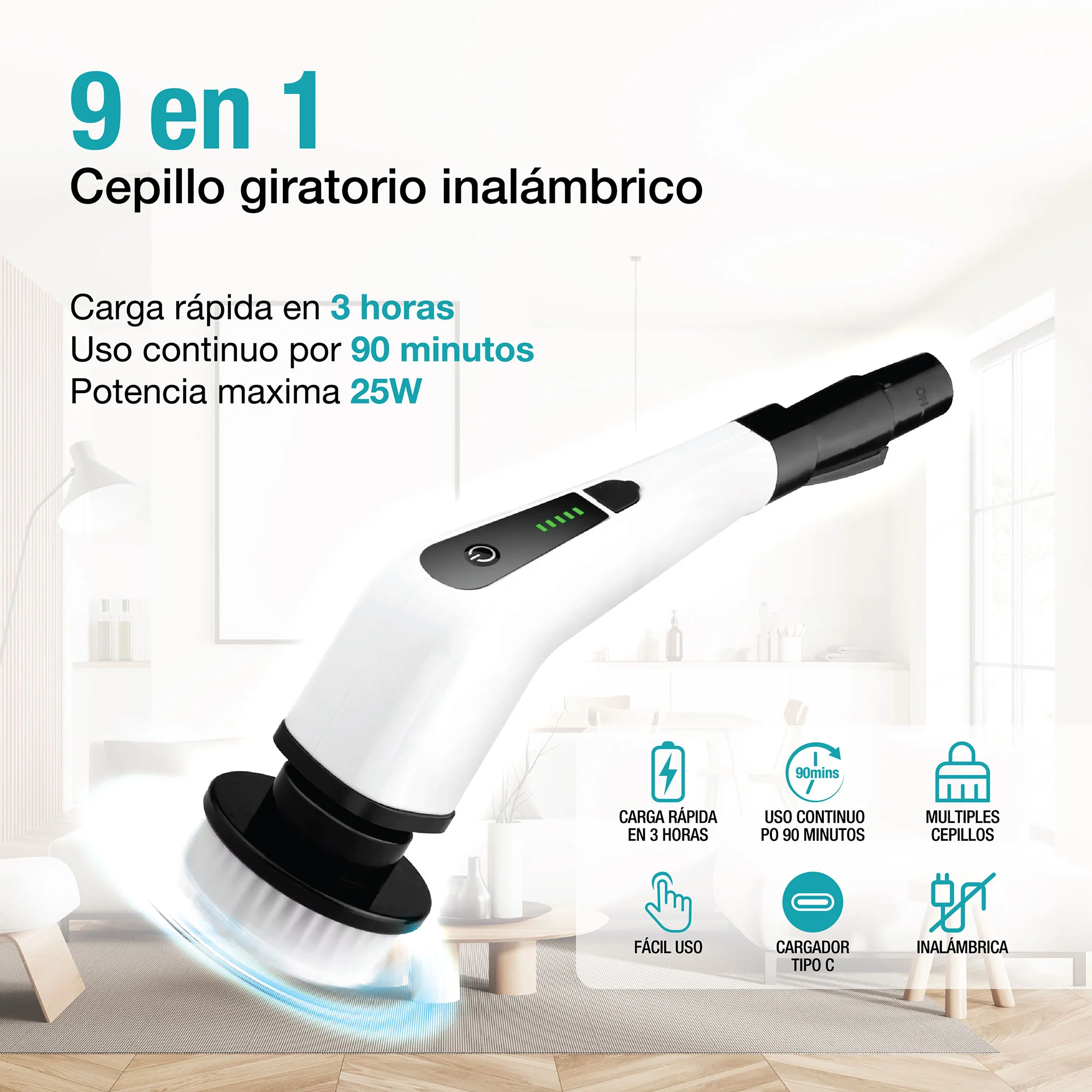 Cepillo Giratorio Eléctrico De Limpieza, Multiusos, Con 9 Cabezales Batería De Larga Duración 90 Minutos
