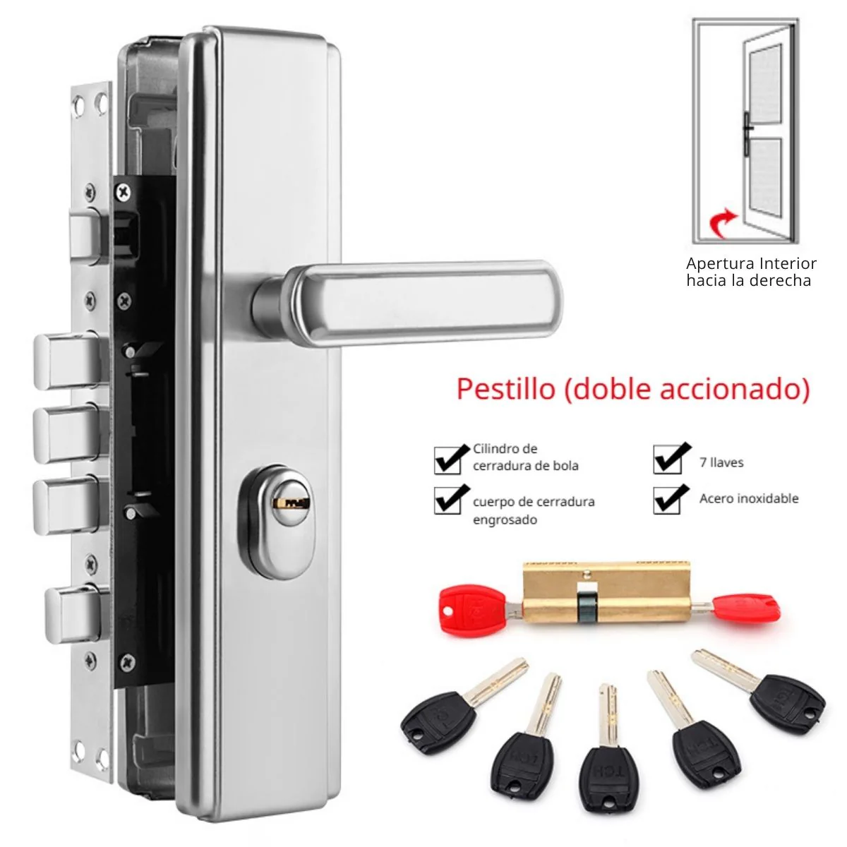 Cerradura De Seguridad Antirrobo De Acero Inoxidable Con Pestillo Cuadrado Doble Accionado Para Puertas De 45-55 Mm. Incluye 7 Llaves. - Image 5