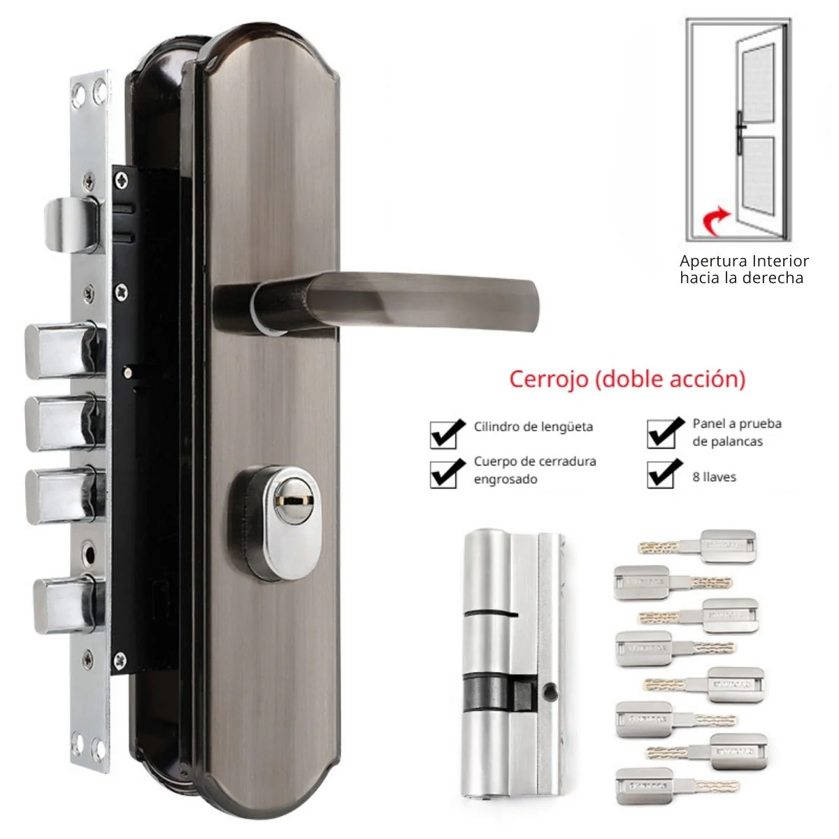 Cerradura De Seguridad Embutida Antiganzúa Antirrobo Lengüeta Cuadrada Doble De Acero Inoxidable. Para Puertas 45 A 55Mm Cilindro Nivel C. - Image 6