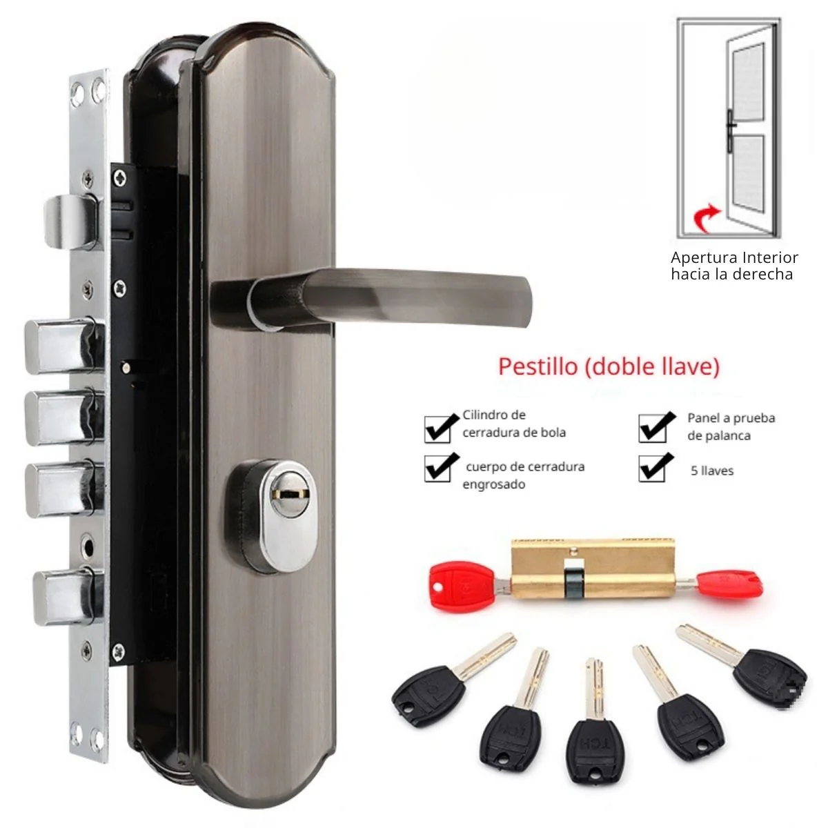 Cerradura De Seguridad Embutida Para Puertas De 45 A 55Mm. Con Cilindro De Acero Inoxidable. Incluye 7 Llaves Doble Apertura. - Image 4