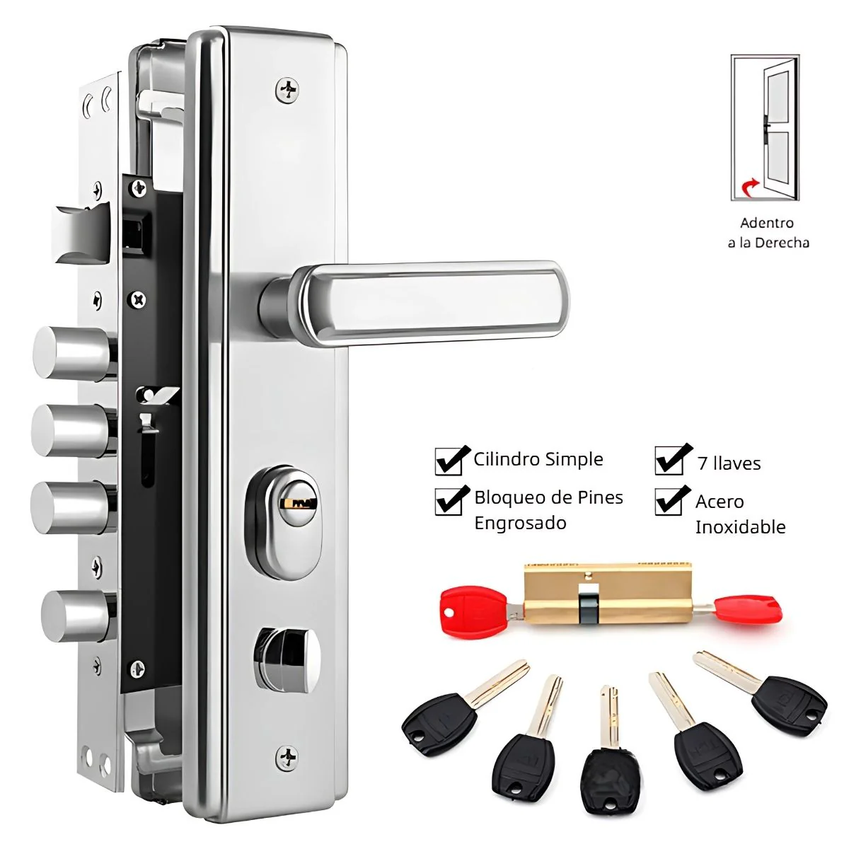 Cerradura De Seguridad Embutida Para Puertas Metálicas 45 A 55Mm.  280Mmx65mm. Con Cilindro De Acero Inoxidable. Incluye 7 Llaves.  Apertura Derecha Hacia Adentro