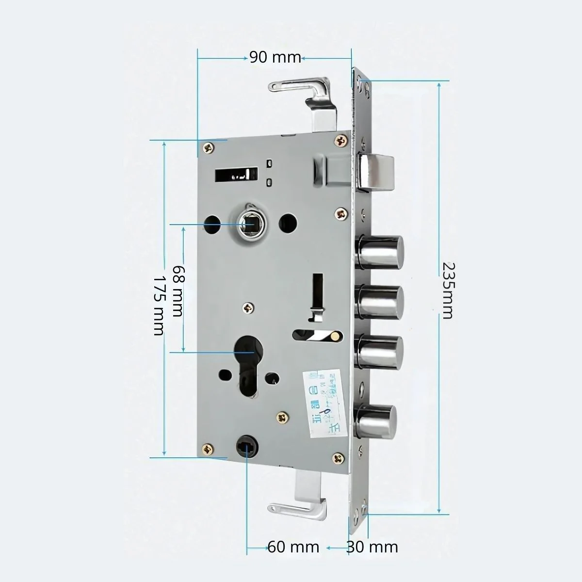 Cerradura De Seguridad Embutida Para Puertas Metálicas 45 A 55Mm.  280Mmx65mm. Con Cilindro De Acero Inoxidable. Incluye 7 Llaves.  Apertura Derecha Hacia Afuera - Image 4