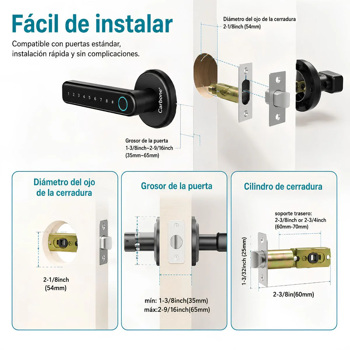Cerradura Inteligente Manija De Puerta Cerrojo Smart Lock 5 En 1 Llave Huella Tarjeta Contraseña Tuya App Fácil De Instalar - Image 3