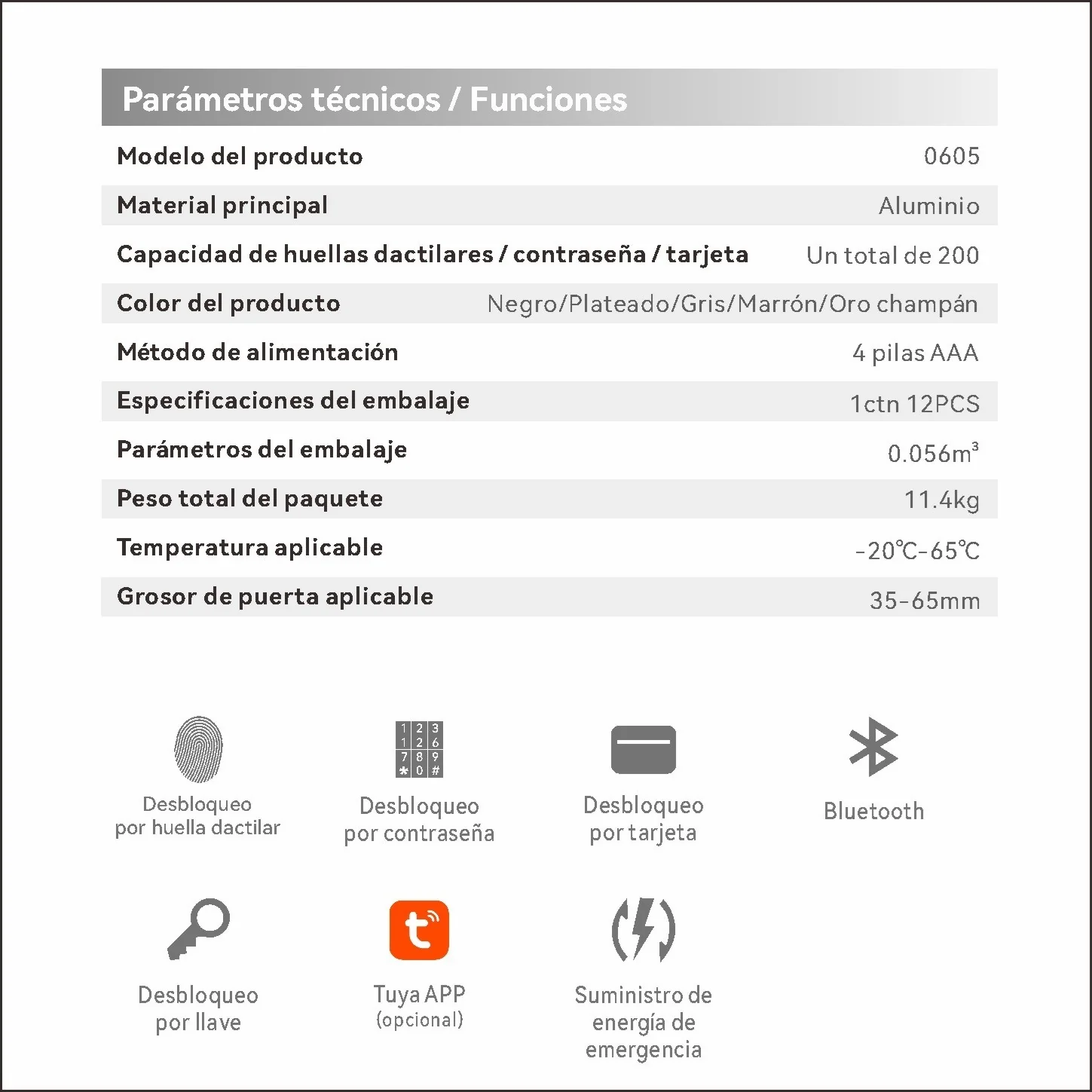Cerradura Inteligente Manija De Puerta Cerrojo Smart Lock 6 En 1 Llave Huella Tarjeta Contraseña Bluetooth Tuya App Fácil De Instalar - Image 5