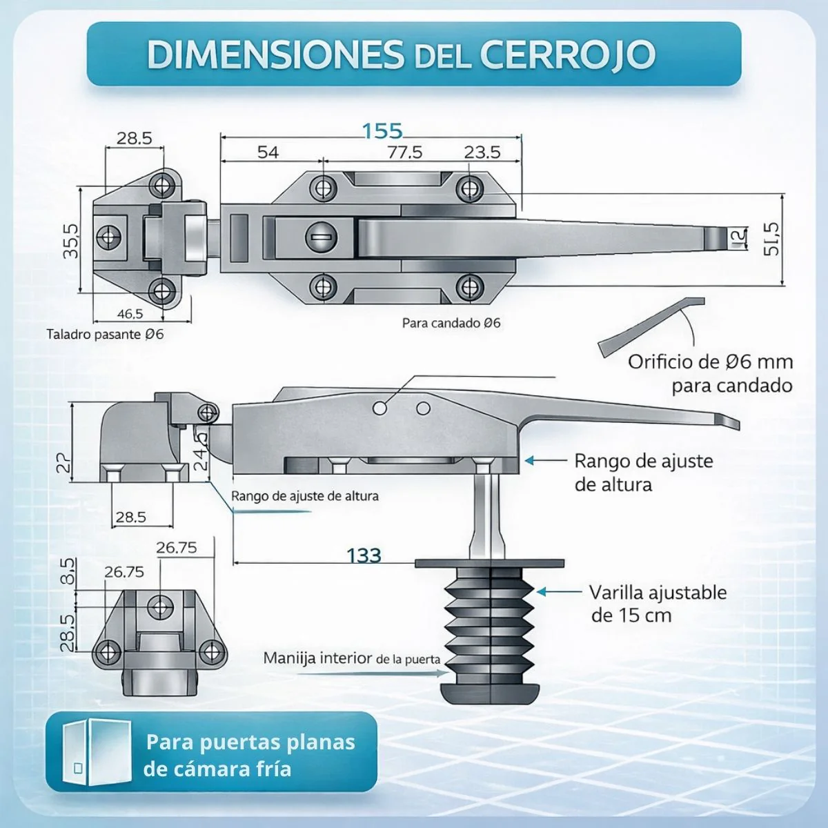 Herraje Para Cuarto Frío. Cerradura Con Varilla De Empuje 15Cm (6”). Cerrojo De Aleación De Zinc Anticorrosión Para Cámaras Frigoríficas Y Congeladores. - Image 3
