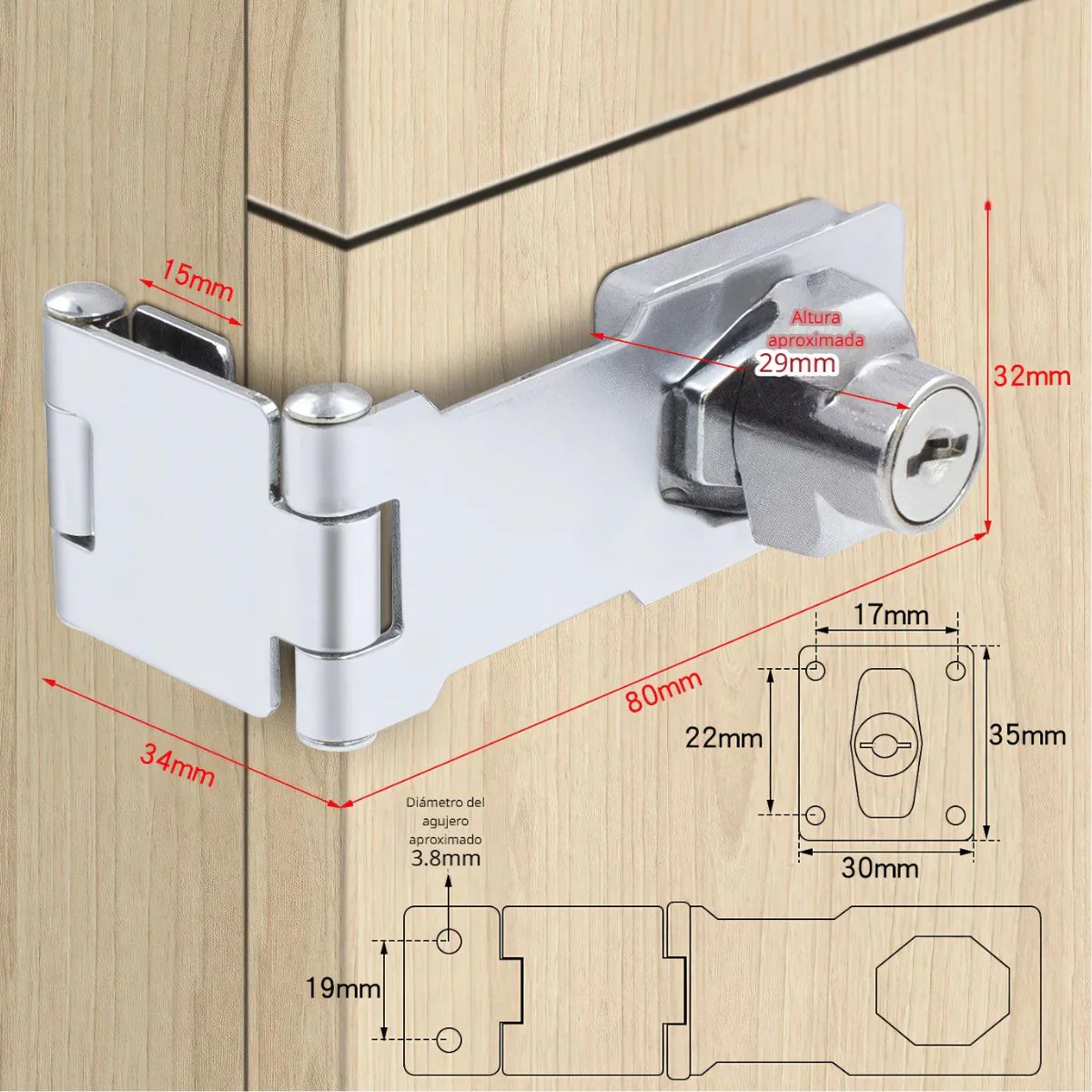 Cerrojo Con Cerradura Y Llave Para Puertas Y Cajones.  Cerradura De Gabinete De Doble Bisagra.Tipo Aldaba - Image 4
