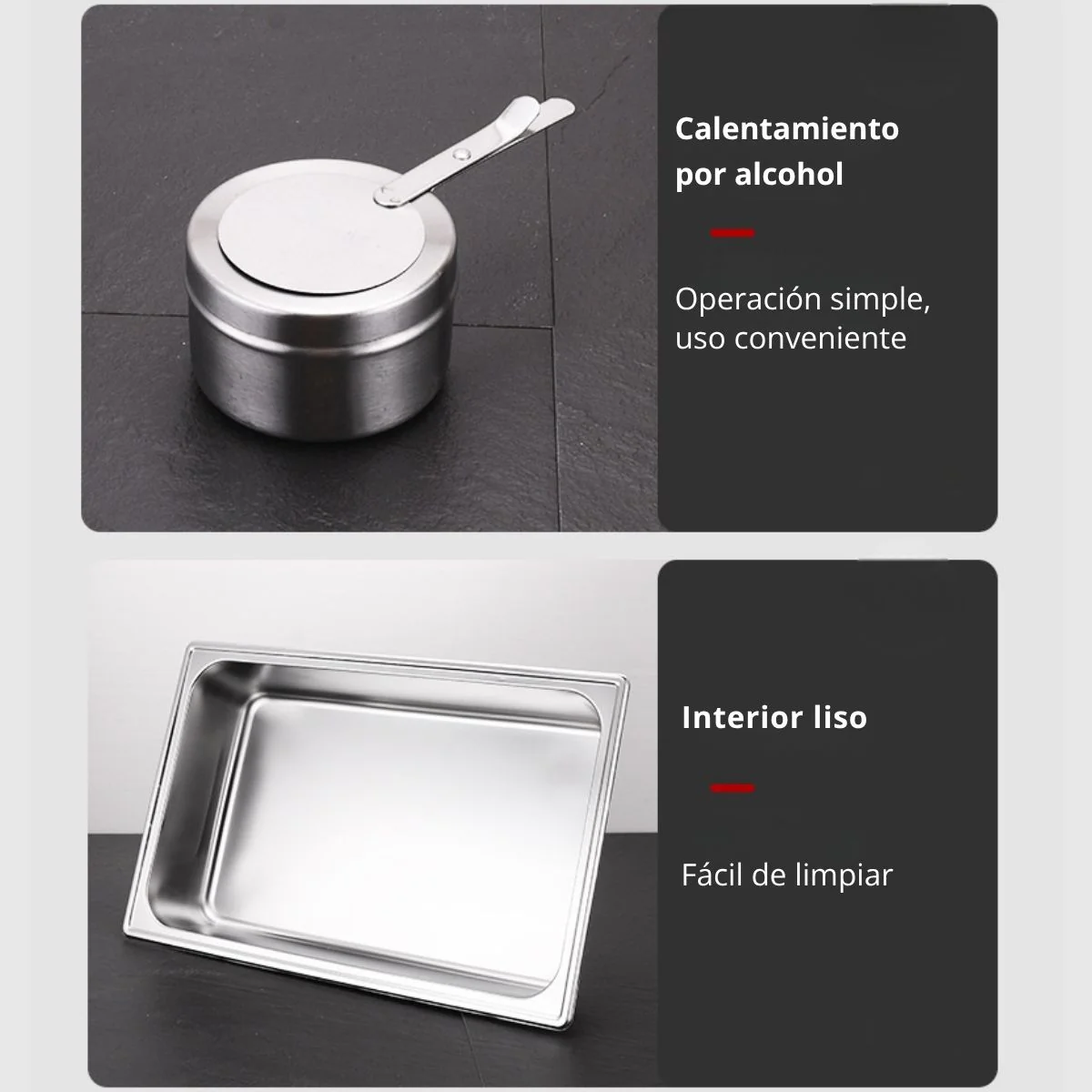 Chafing Dish Rectangular De Acero Inoxidable Con Tapa De Vidrio Hidraulica Cierre Suave 22X16x11" De 2 Compartimientos Calentamiento Por Alcohol Para Hoteles, Restaurantes, Buffets, Catering. - Image 4