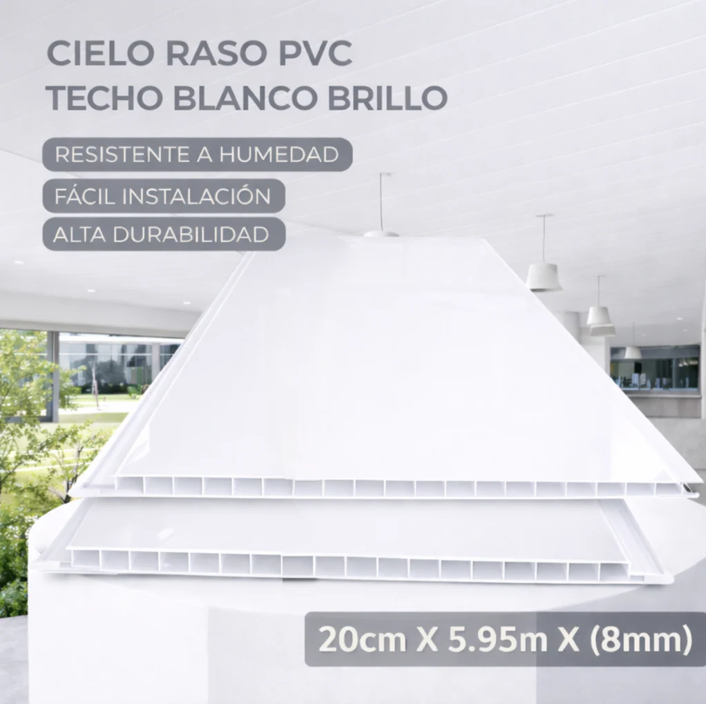 Cielo Raso PVC Techo Blanco Brillante BRILLO Panel 20Cm X 8Mm X 5.95M  Resistente A Humedad Fácil Instalación Alta Durabilidad