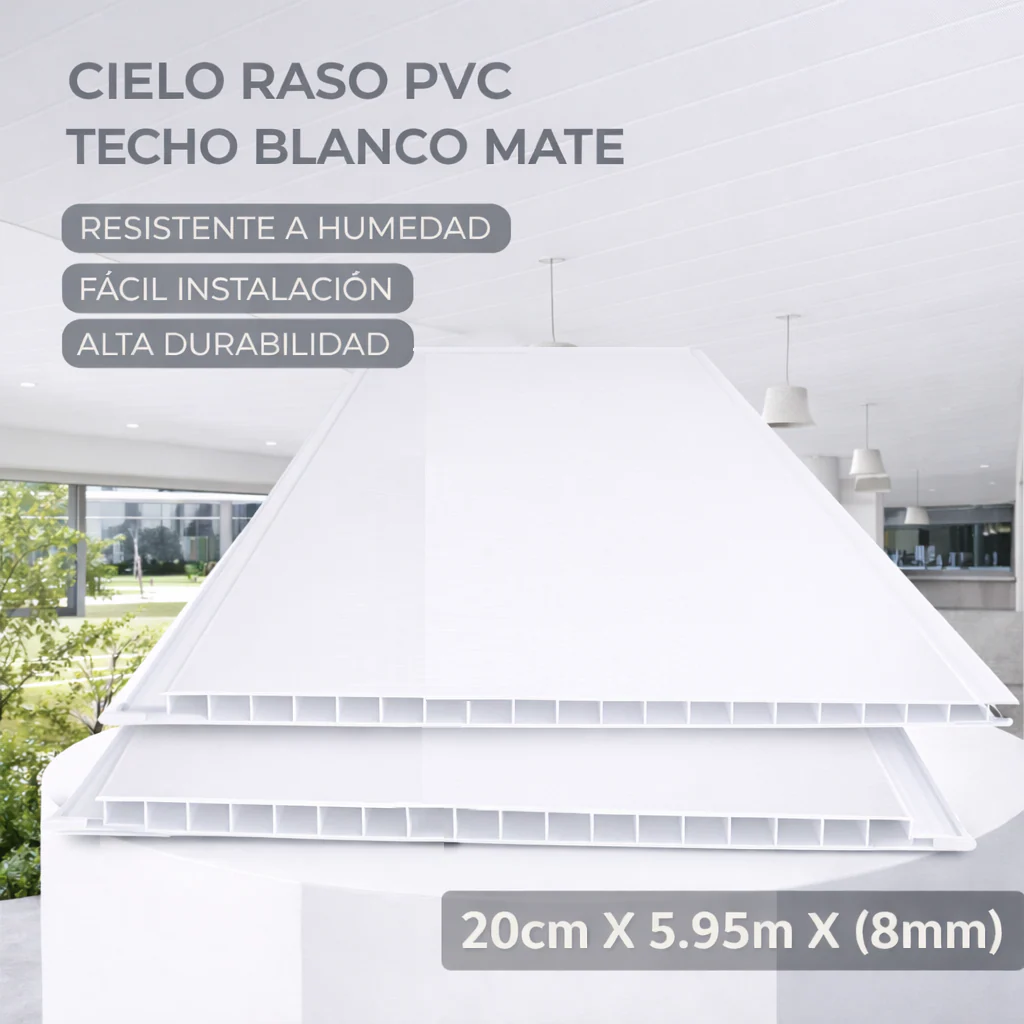 Cielo Raso PVC Techo Blanco Mate Panel 20Cm X 8Mm X 5.95M  Resistente A Humedad Fácil Instalación Alta Durabilidad