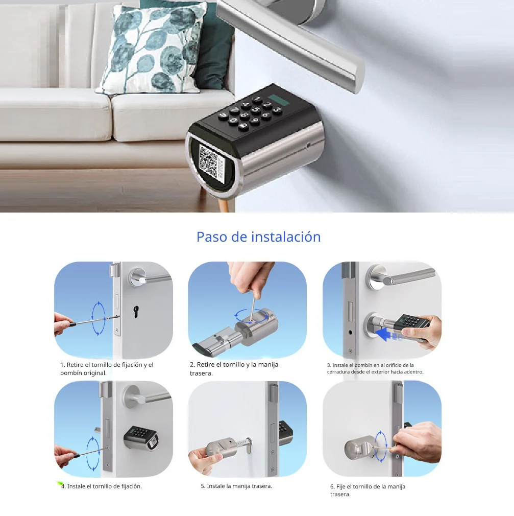 Cilindro De Cerradura Inteligente Smart Lock 6 En 1 Llave Huella Tarjeta Contraseña Bluetooth Tuya App Fácil De Instalar - Image 5