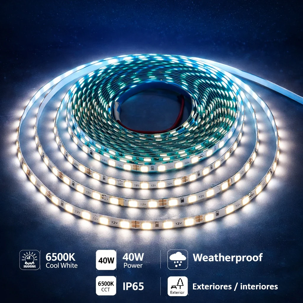Cinta LED Exterior 5M 110V 6500K Tono Frío, 40W, 4000Lm, Tira Flexible 2835 Chips/M, PVC .Tira LED.