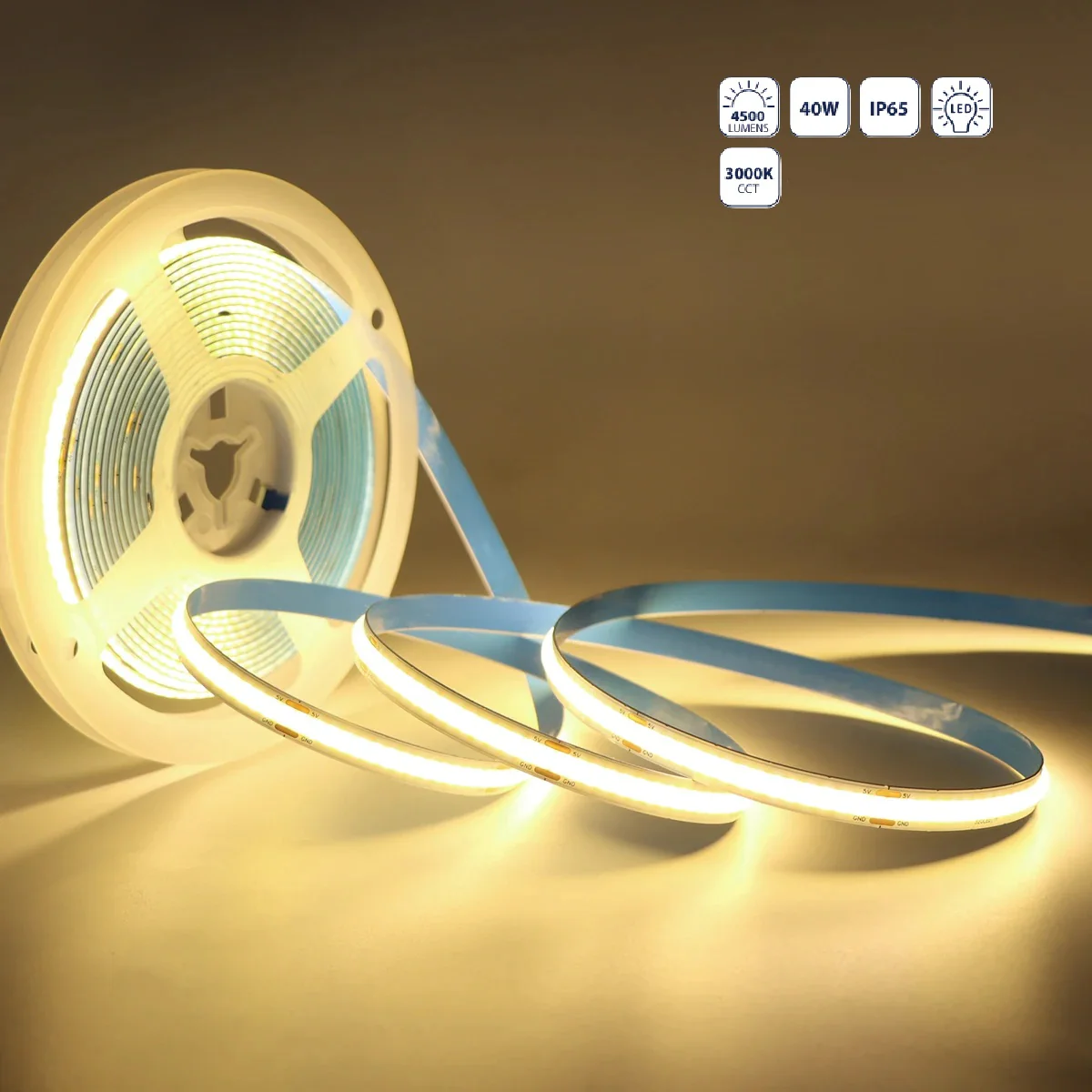 Cinta LED Exterior COB 5M 110V 3000K 40W 4500Lm PVC Flexible 2835 Chips/M, PVC .Tira LED.