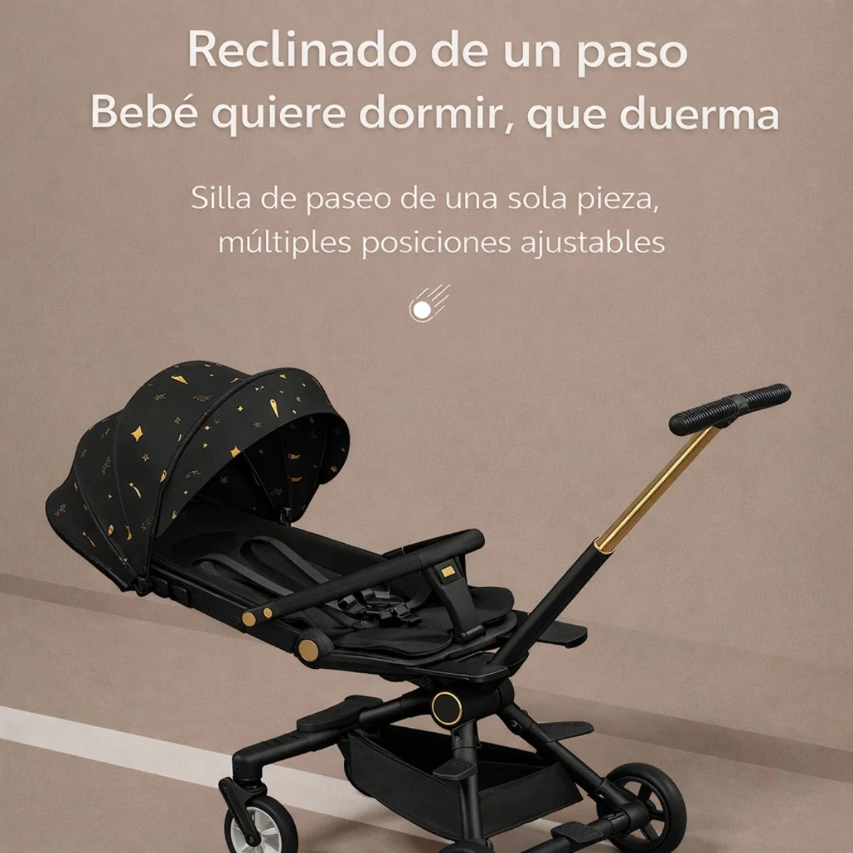 Coche De Bebé Plegable Con Asiento Reversible Y Reclinable, Techo UV Y Bandeja De Comer Ruedas Antigolpes Y Diseño Ligero. Color Negro Y Dorado. - Image 2
