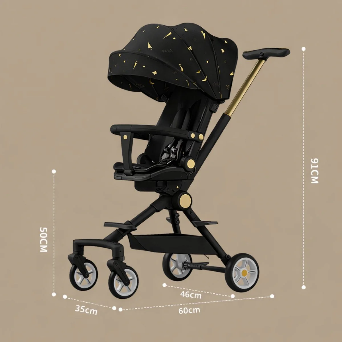 Coche De Bebé Plegable Con Asiento Reversible Y Reclinable, Techo UV Y Bandeja De Comer Ruedas Antigolpes Y Diseño Ligero. Color Negro Y Dorado. - Image 5