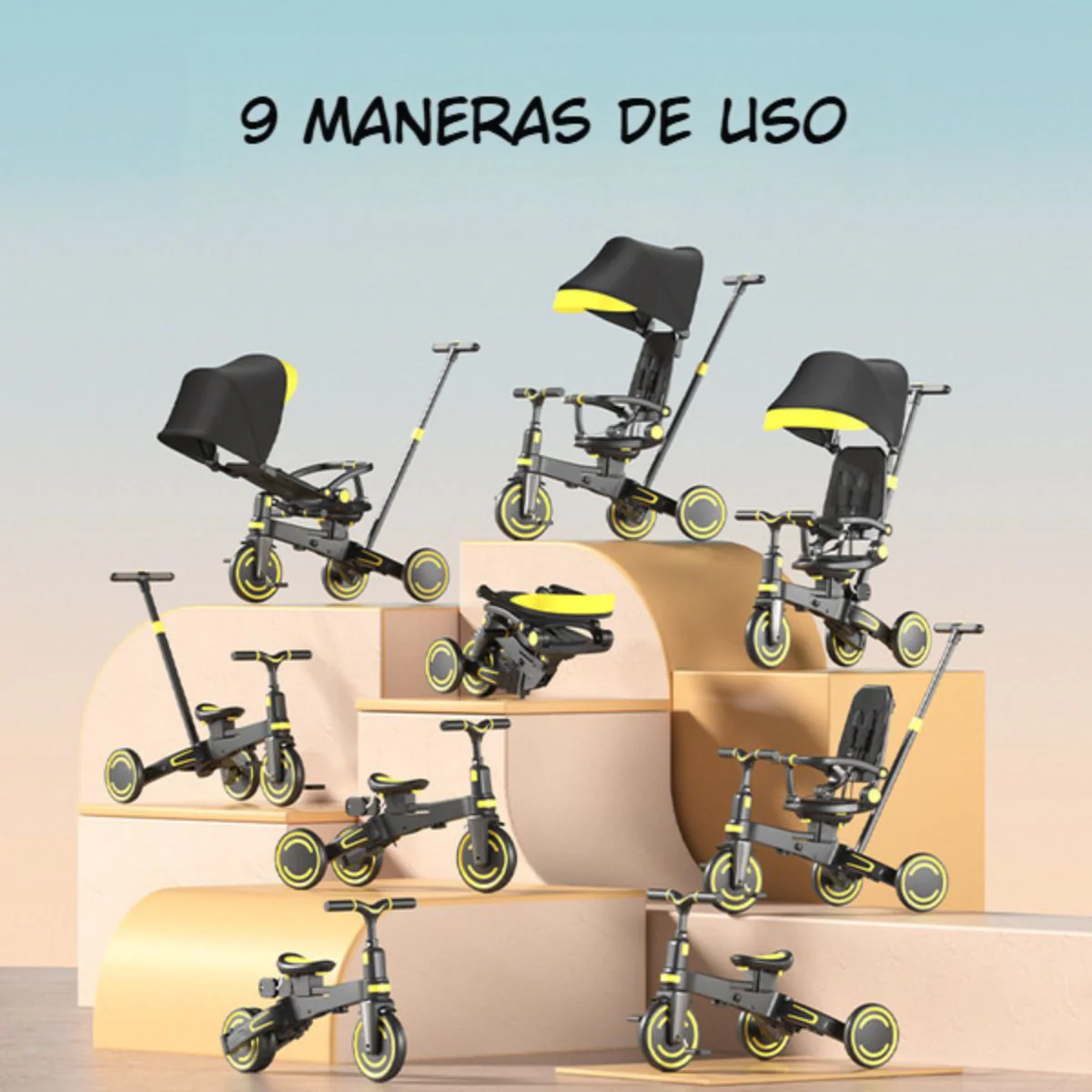 Coche Triciclo Evolutivo 9 En 1 Para Bebé Con Capota Y Barra De Empuje Ajustable. Color Negro Con Amarillo. Cochecito Infantil Plegable. - Image 2