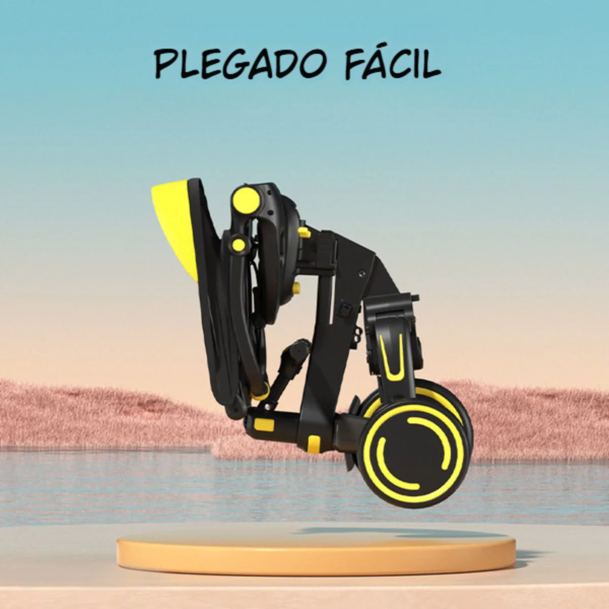 Coche Triciclo Evolutivo 9 En 1 Para Bebé Con Capota Y Barra De Empuje Ajustable. Color Negro Con Amarillo. Cochecito Infantil Plegable. - Image 4