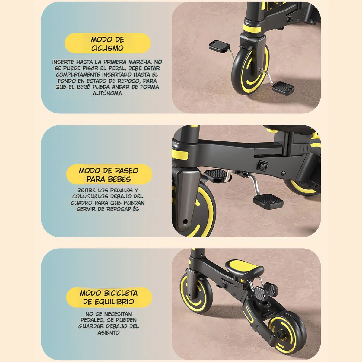 Coche Triciclo Evolutivo 9 En 1 Para Bebé Con Capota Y Barra De Empuje Ajustable. Color Negro Con Amarillo. Cochecito Infantil Plegable. - Image 5
