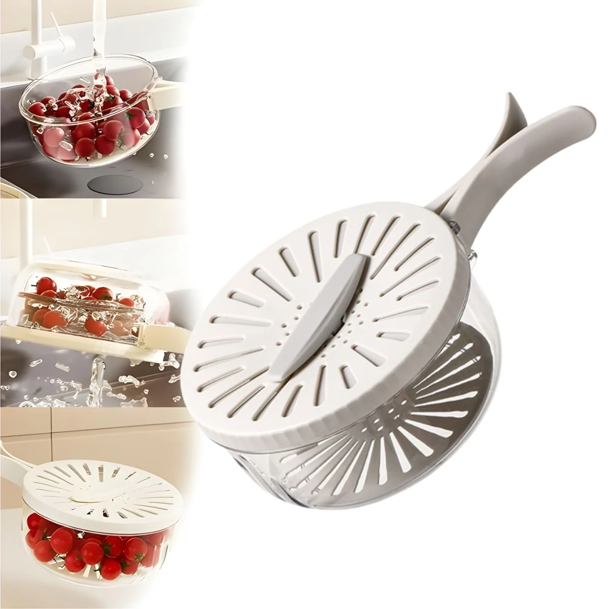 Colador Escurridor Multifuncional Con Tapa Giratoria. Recipiente Para Lavar Y Almacenar Alimentos. Color Blanco.