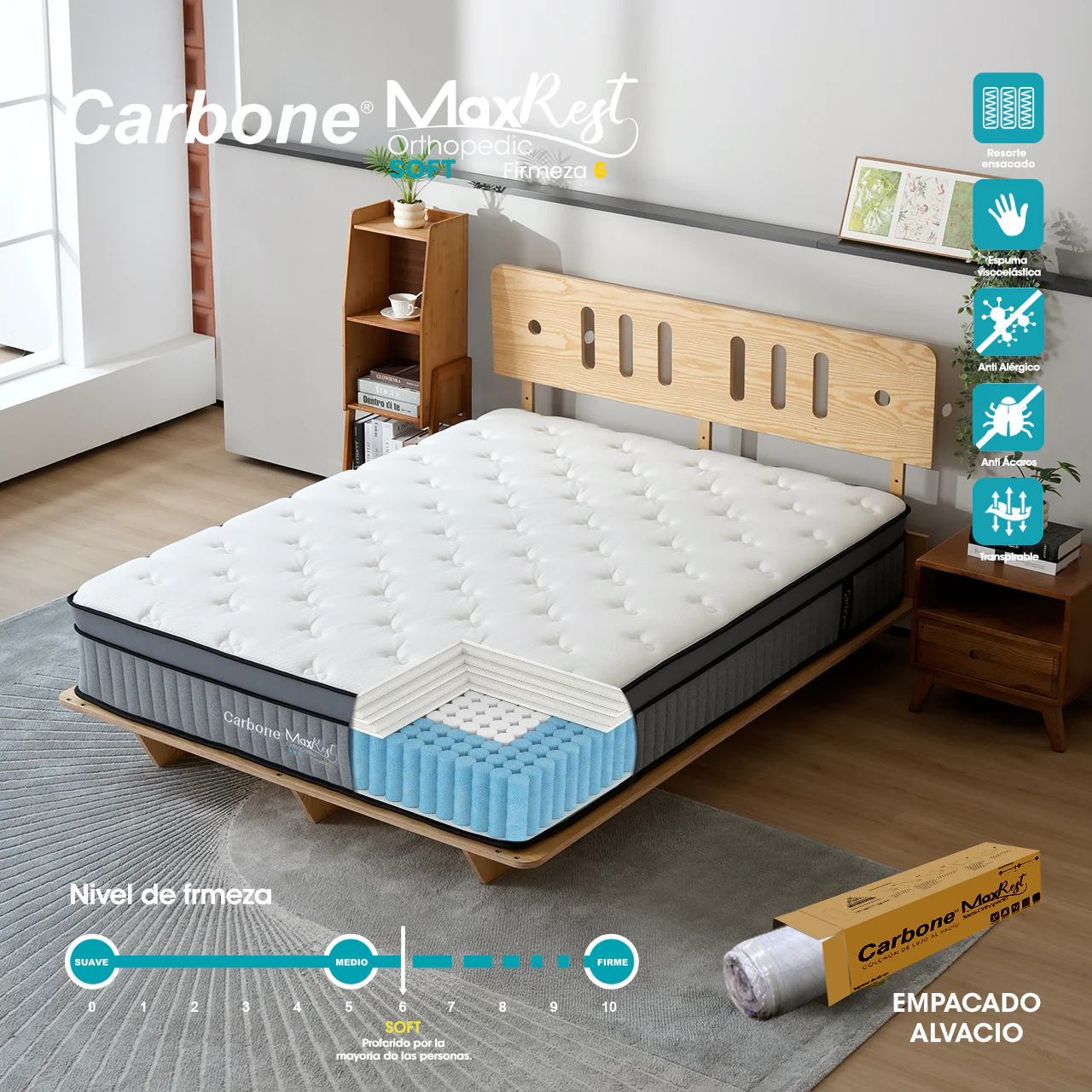 Colchones Ortopédicos Firmeza 6 Carbone Max Rest Empacados Al Vacío Pillow Top Colchón Calidad Hotelera Memory Foam Con Resortes 32Cm Espesor (12.6") - Image 6