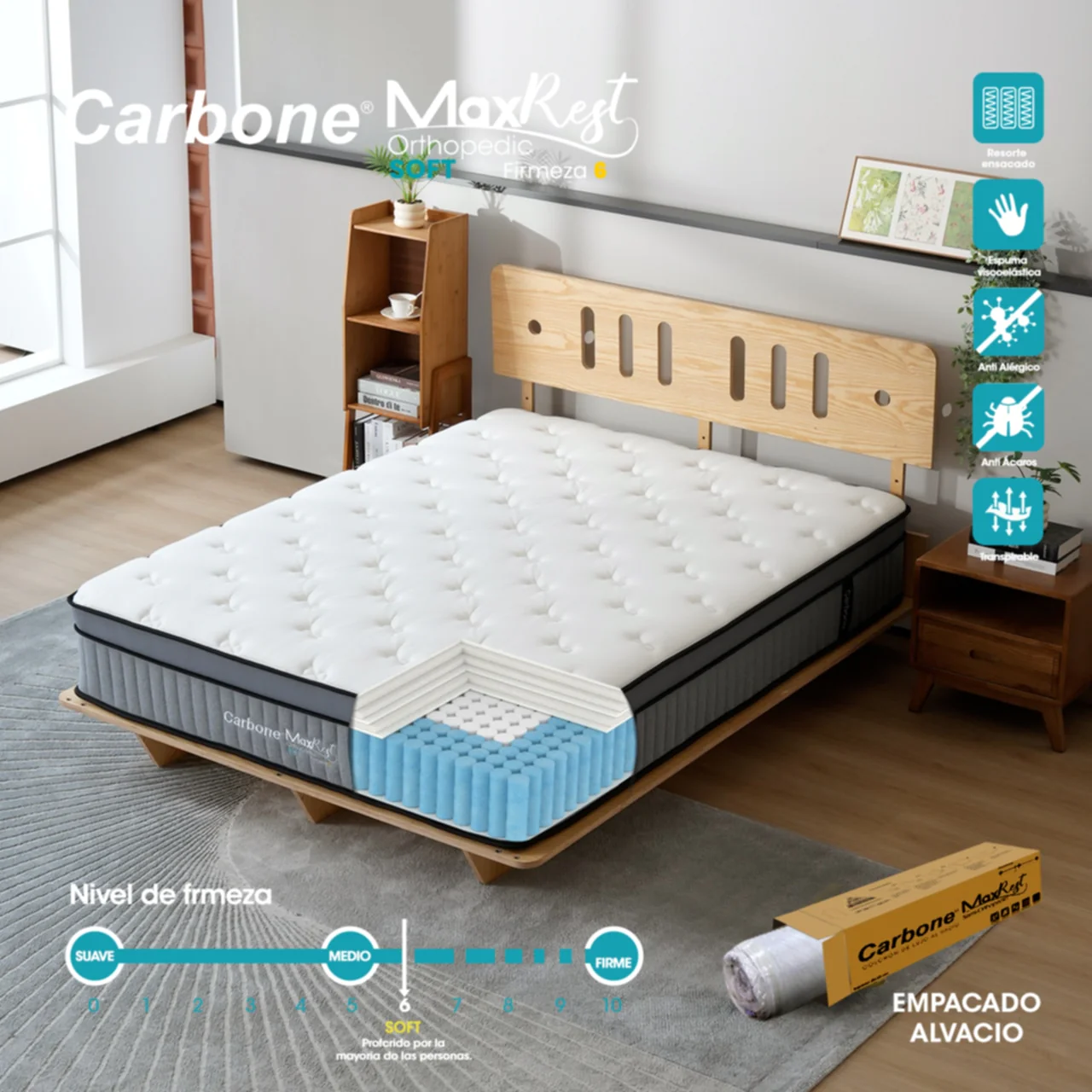 Colchones Ortopédicos Firmeza 6 Carbone Max Rest Empacados Al Vacío Pillow Top Colchón Calidad Hotelera Memory Foam Con Resortes 32Cm Espesor (12.6") - Image 9