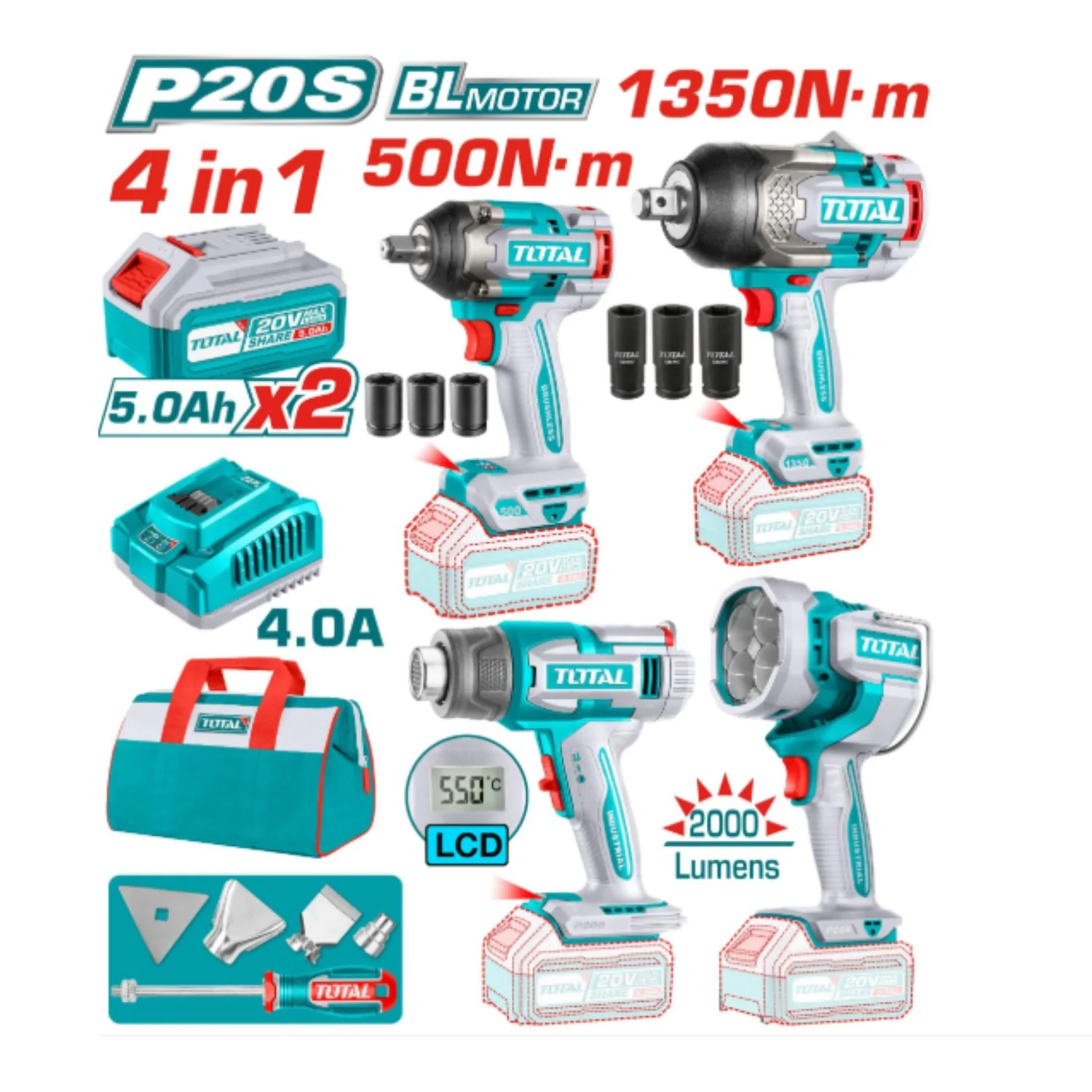Combo Del Mes Total 20V Llave De Impacto 1/2” 1350Nm Y 3/4”500Nm Motor Sin Escobillas. Pistola De Calor 30-550°C Lámpara 22.5W Batería Y Cargador. COMBOS POCAS UNIDADES