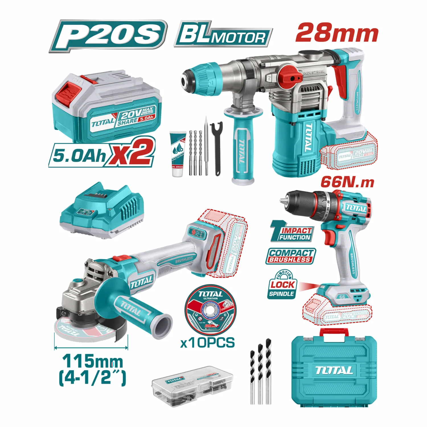 Combo Del Mes Total 20V Taladro De Impacto 66Nm 30000 Bpm. Flexible Inalámbrica 4-1/2''   5/8''-11UNC Rotomartillo 4400 Bpm  4.5 J  Incluye: Batería, Cargador Y Accesorios. POCAS UNIDADES. - Image 2