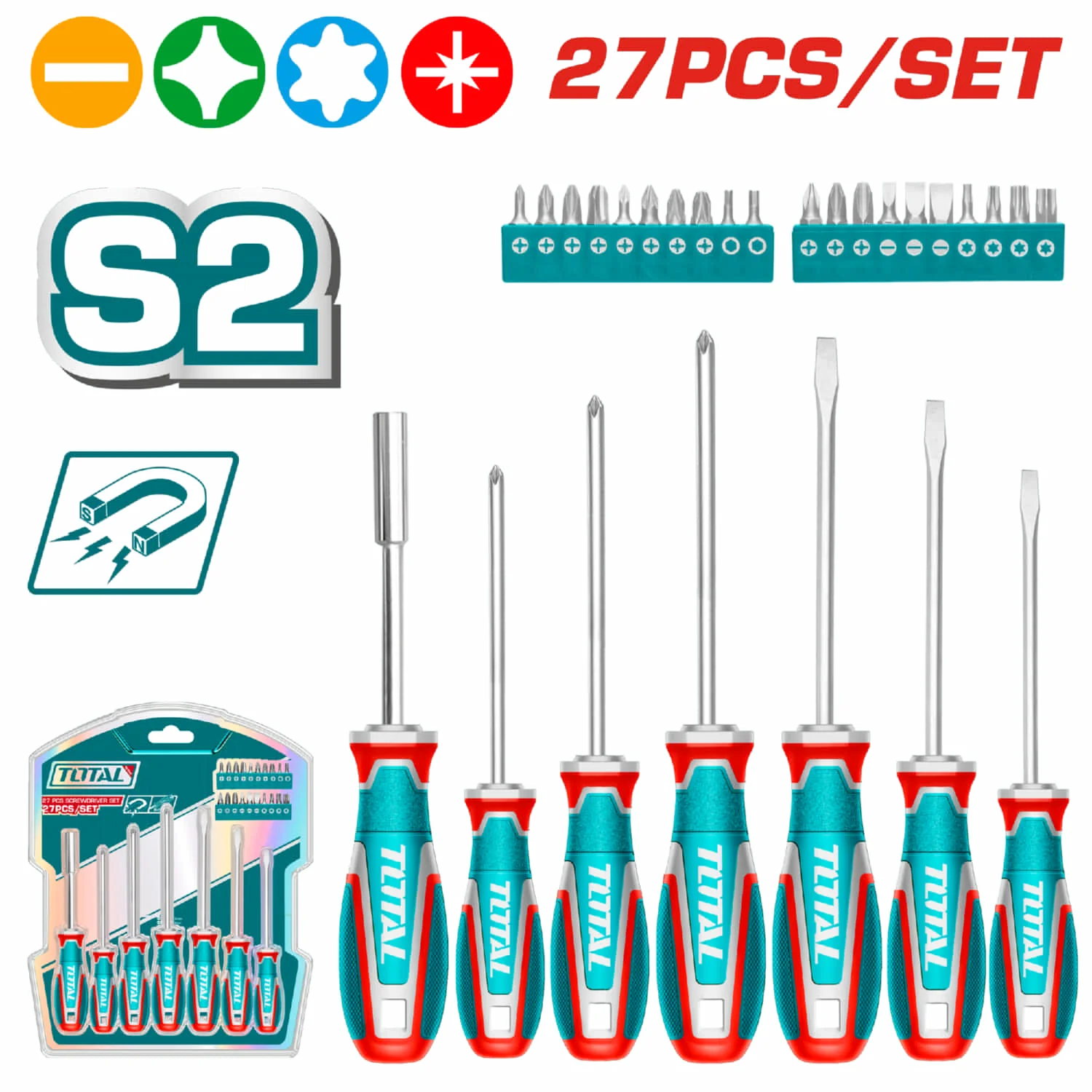 Combo Del Mes Total Destornilladores Variados Set De 27 Piezas  Puntas: Plana, Phillips, Hexagonal, Torx POCAS UNIDADES.