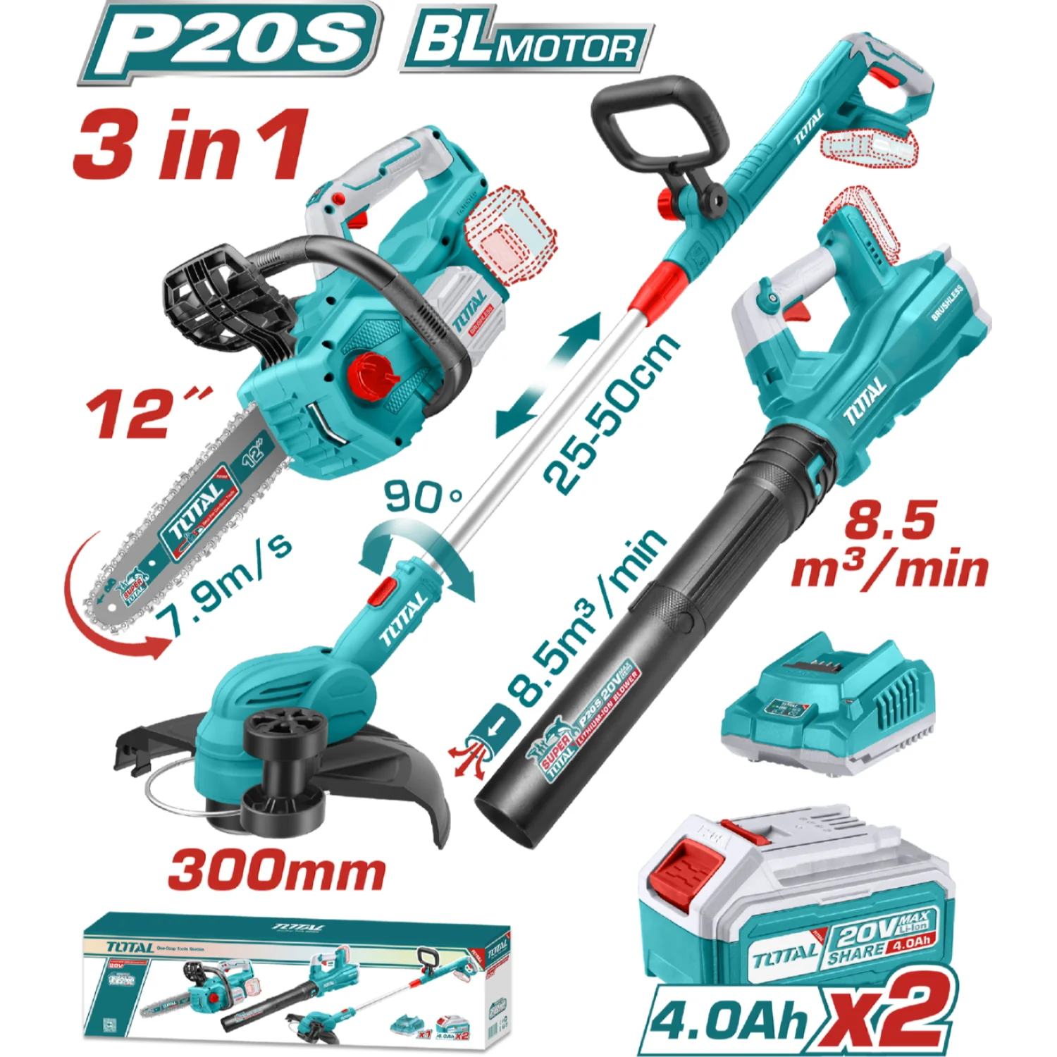 Combo Del Mes Total Inalámbrico. Motosierra 12" (30 Cm), Desmalezadora Recortadora De Césped 8200Rpm 300Mm, Sopladora 144 Km/H. Incluye Cargador Y Baterías. POCAS UNIDADES. - Image 2