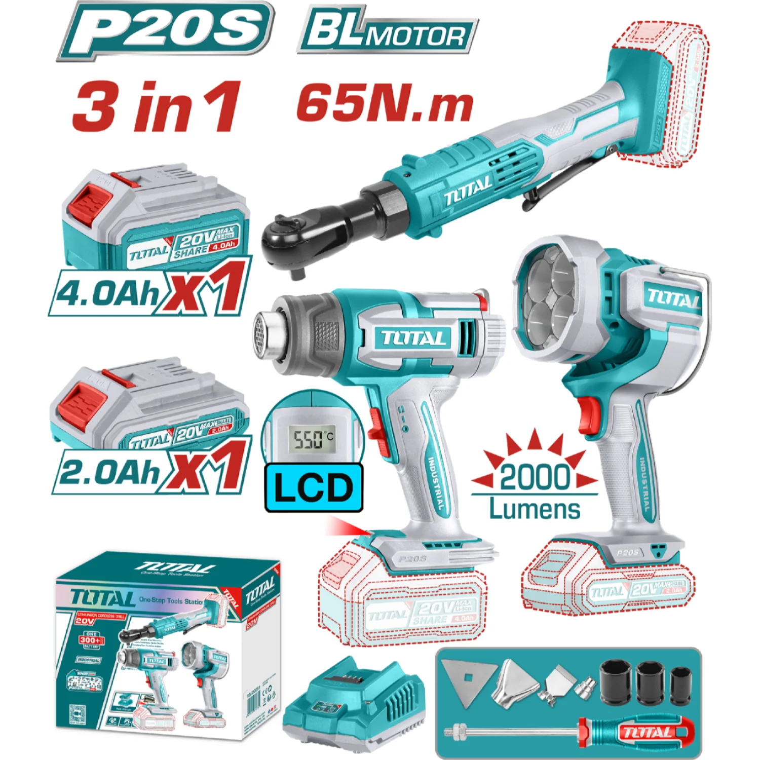 Combo Del Mes Total Inalámbrico. Rachet 3/8" 65Nm, Pistola De Calor 30-550°C Y Lampara De Trabajo 22.5W 2000 Lúmenes. Incluye Cargador Y Baterías. POCAS UNIDADES. - Image 2