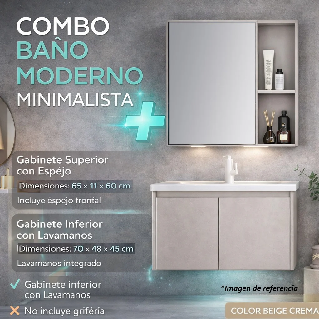 Combo mueble Espejo y Gabinete con lavamanos de Baño Moderno – Set Completo color Beige Crema