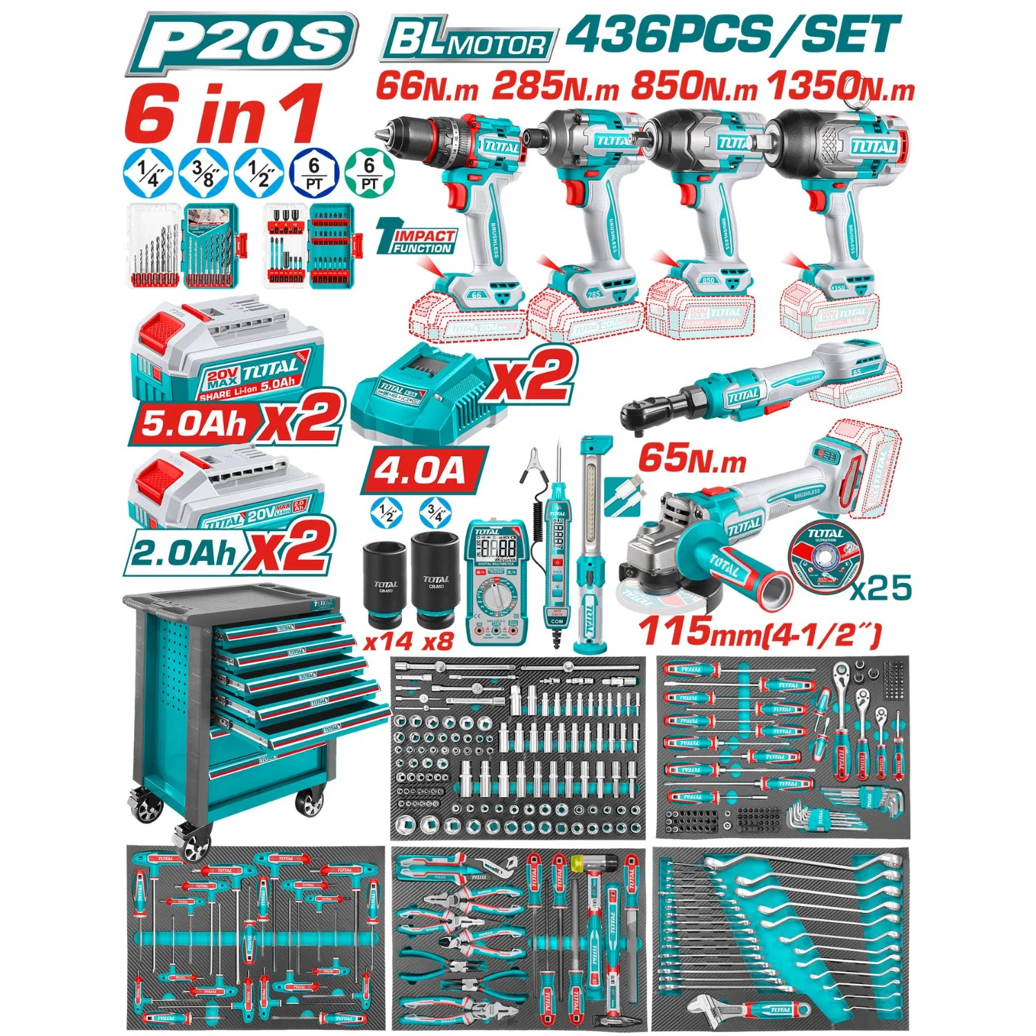 Combo Total De Herramientas Manuales E Inalámbricas Con 1 Gaveta Metálica. Incluye Batería Y Cargador Set 436 Pzas