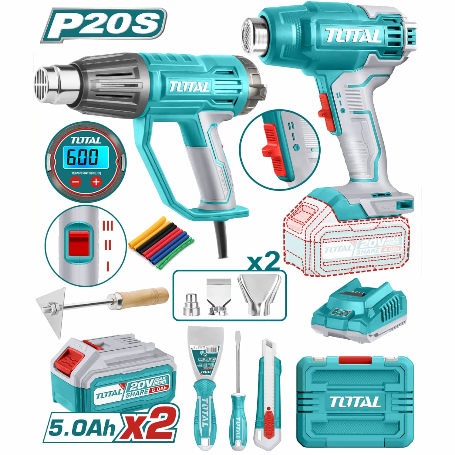 Combo Total Pistola De Calor Inalámbrica 20V, Pistola De Calor 1600W Con Accesorios. Incluye 2 Baterías 5.0Ah Y Cargador. POCAS UNIDADES