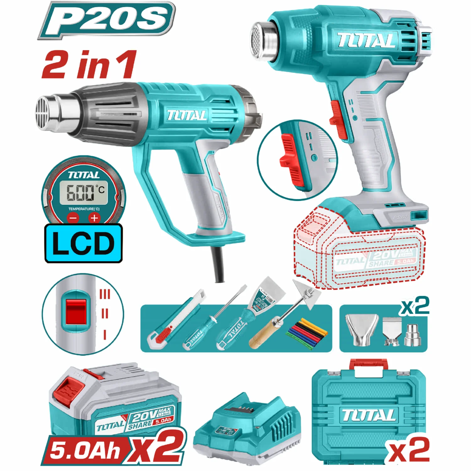 Combo Total Pistola De Calor Inalámbrica 20V, Pistola De Calor 1600W Con Accesorios. Incluye 2 Baterías 5.0Ah Y Cargador. POCAS UNIDADES - Image 2