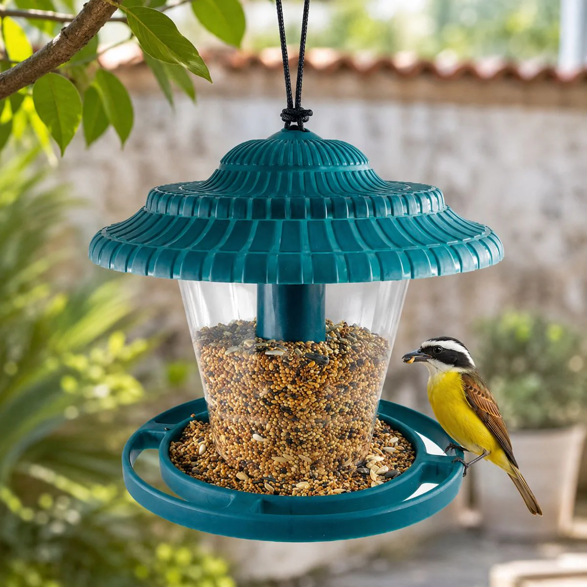 Comedero Para Pájaros Silvestres. Alimentador De Aves Exterior De PS+PP. Color Verde Para Jardín Y Terraza. Colgante (20X17.5Cm)