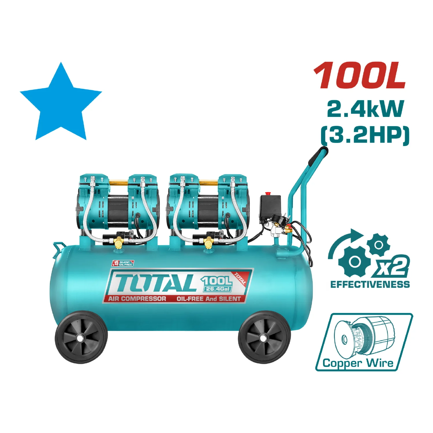 Compresor Sistema De Correa, 100L(26.4Gal) 2X1200w (3.2HP) Sistema Sin Aceite. Ruido: 75Db - Image 2
