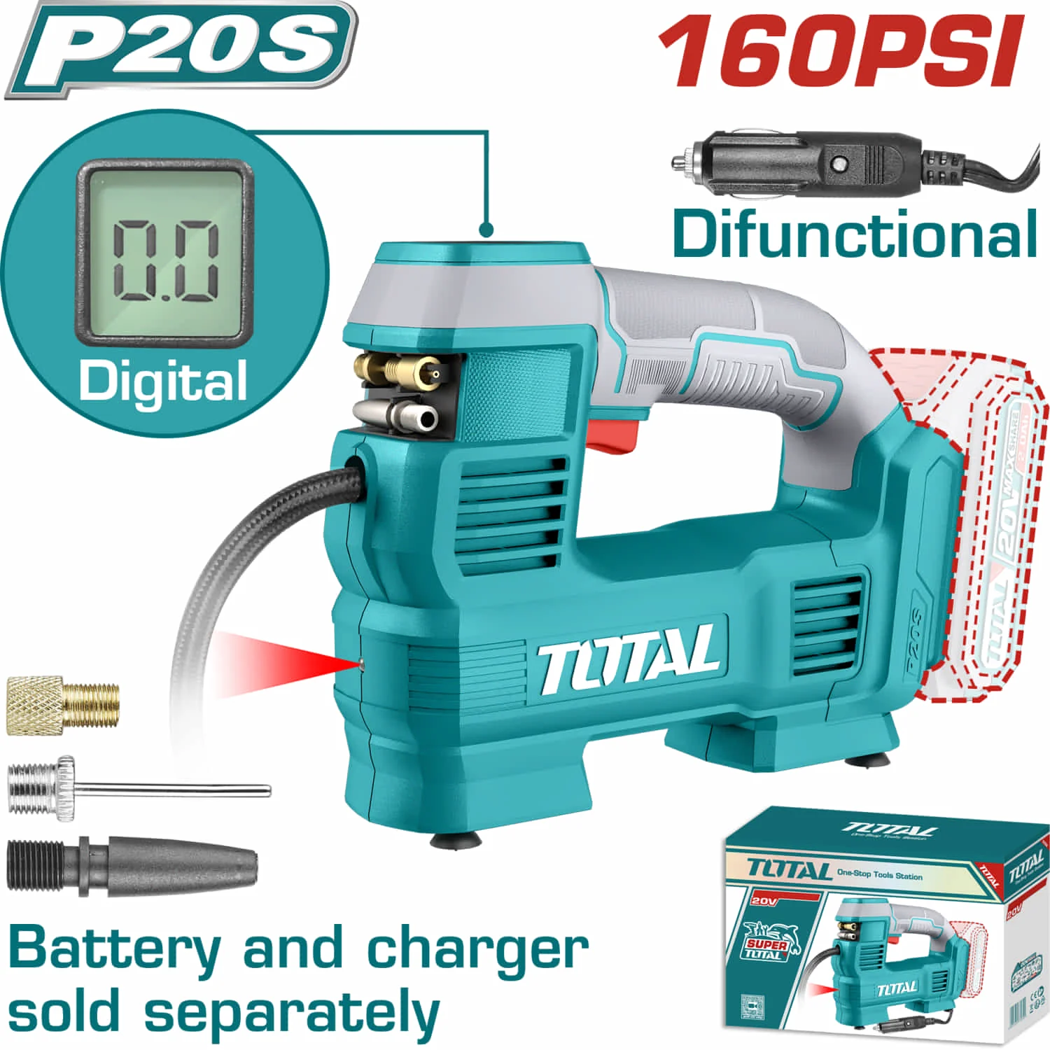 Compresor De Aire Inalámbrico Automático 20V Con Luz LED, Pantalla Digital Y Adaptadores. 160 PSI. No Incluye Batería Ni Cargador.