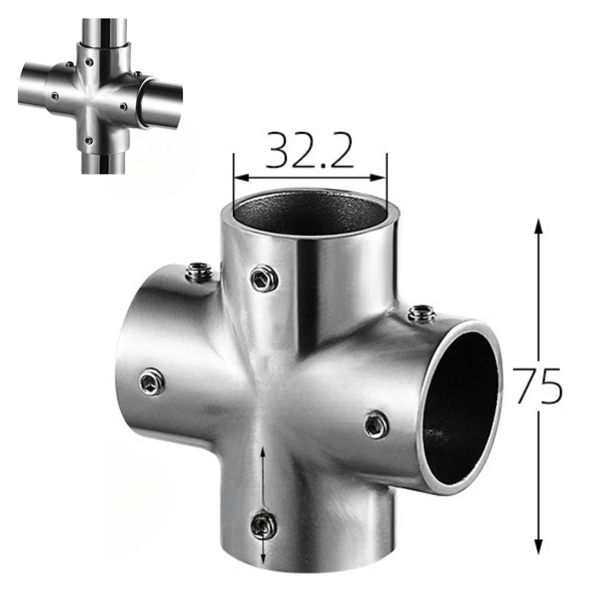 Conector Cruz 4 Vías 90° En Acero Inoxidable 304 Para Tubo De 32 Mm. Para Barandales, Marcos Y Estructuras Tubulares. Acabado Satinado. Unión.