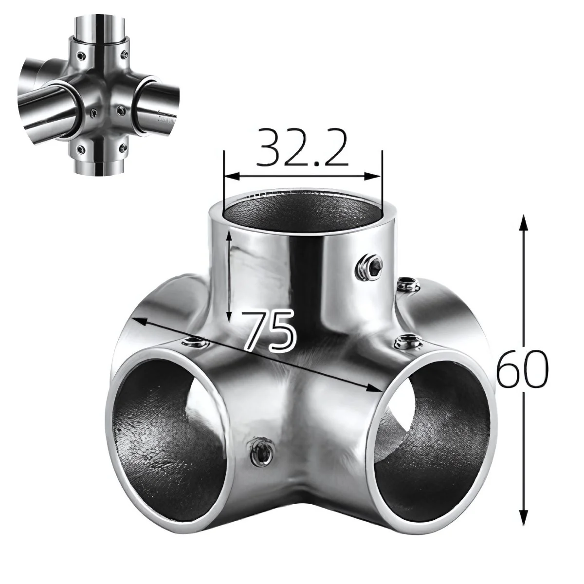 Conector Múltiple De 5 Vías En Acero Inoxidable 304 Para Tubos De 32 Mm. Para Barandales, Estructuras Modulares Y Divisiones Metálicas.