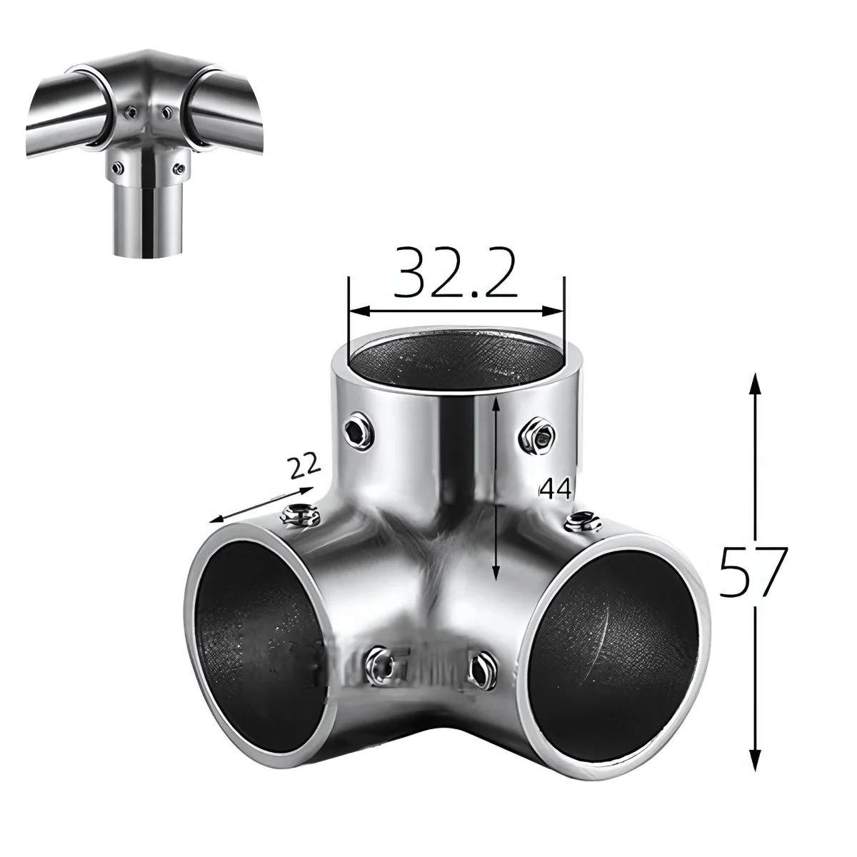 Conector Tipo T 90° En Acero Inoxidable 304 Para Tubo De 32 Mm. Para Barandas, Pasamanos Y Estructuras Metálicas. Acabado Satinado.