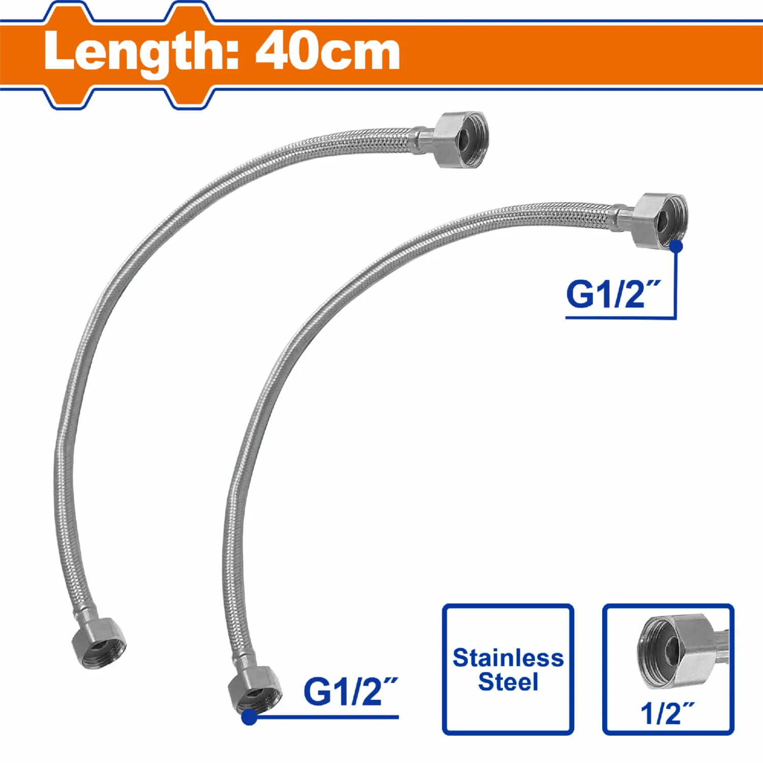 Tubo De Abasto De Agua Conectores De Grifos Flexibles 40Cm. Conector 1/2". Acero Inoxidable 301. Incluye 2 Tubos.