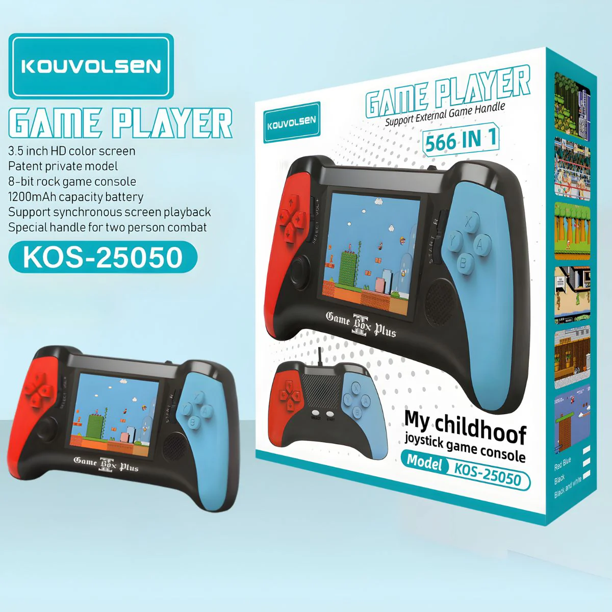 Consola De Videojuegos Portátil Retro 3.5” HD 566 Juegos Integrados. Videojuego 8 Bit Con Salida A TV. Color Rojo Y Azul.