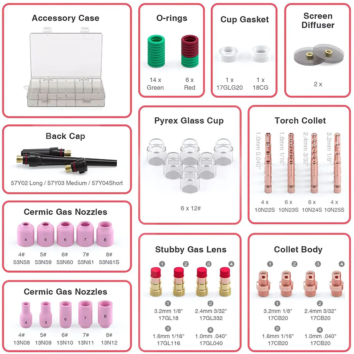 Consumibles Boquillas Para Antorcha TIG WP-17/18/26. (Kit De 71 Piezas). Consumibles De Soldadura En Cobre, Pirex Transparente Y Cerámica. Juego Kit - Image 3