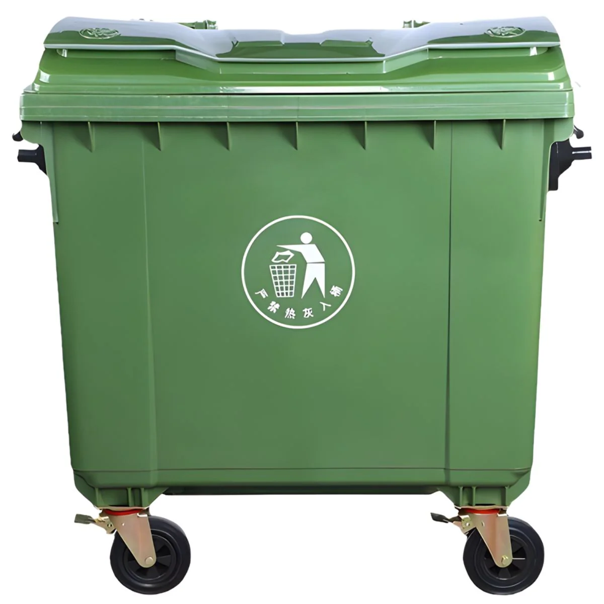 Contenedor De Basura 1100L Con Ruedas Y Tapa. Tanque De Residuos Industrial De Polietileno Reforzado. Color Verde.