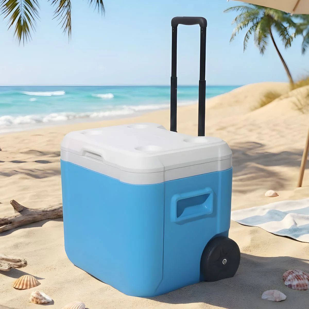 Cooler Portátil 55QT (52L)Con Ruedas Azul/Blanco, Aislamiento Térmico Antifugas Para Camping Y Picnic Hielera (52.8×41.5×48.0Cm)