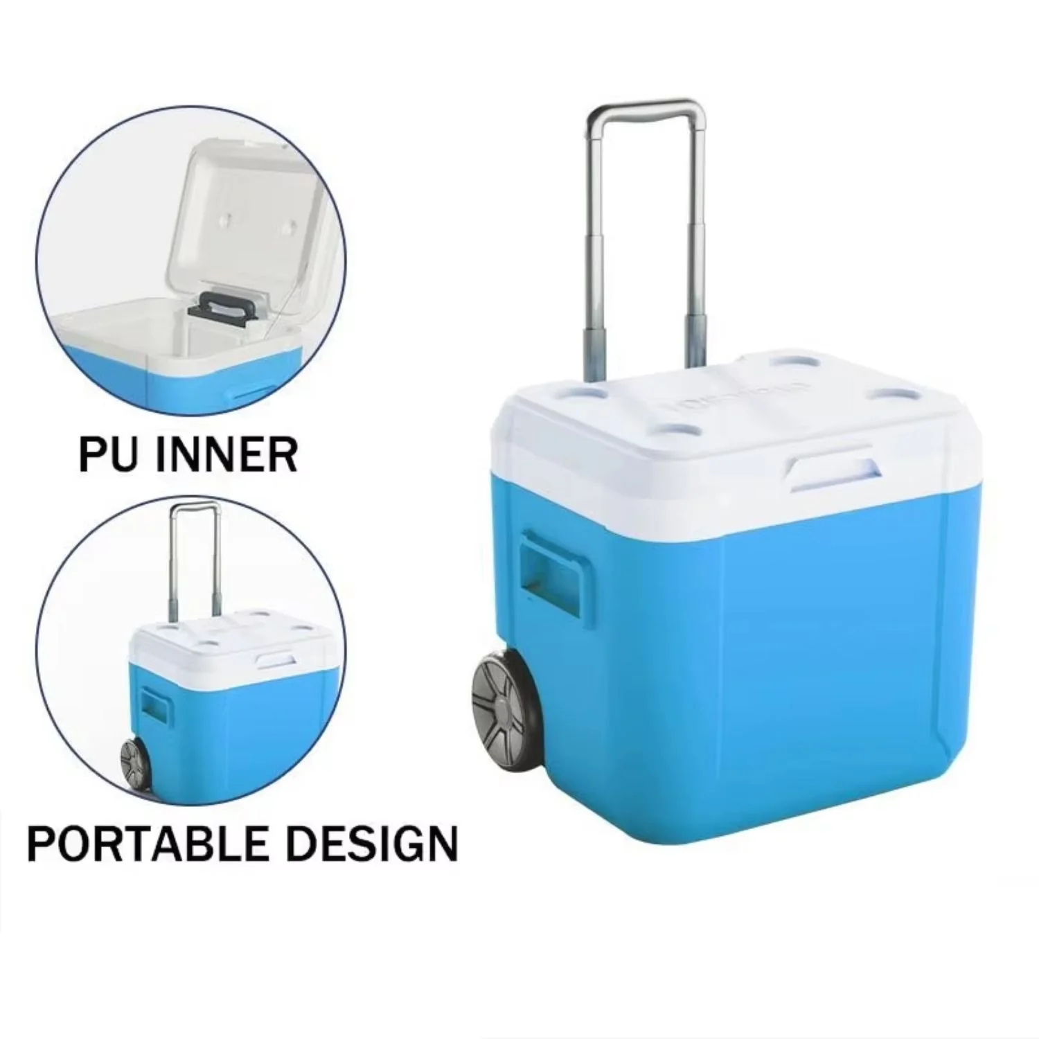 Cooler Portátil 55QT (52L)Con Ruedas Azul/Blanco, Aislamiento Térmico Antifugas Para Camping Y Picnic Hielera (52.8×41.5×48.0Cm) - Image 3