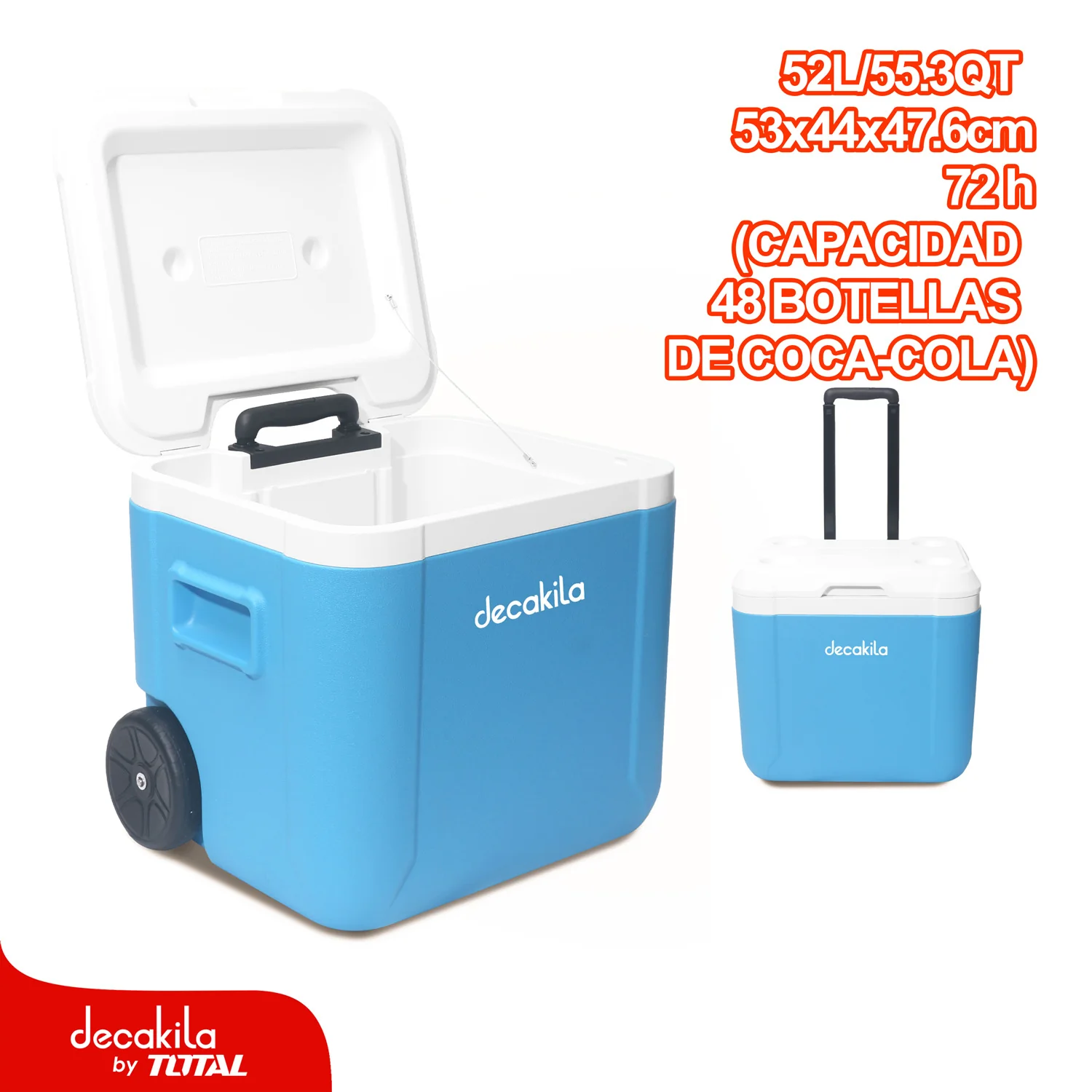 Cooler Hielera Portátil Con Rueditas 52L/55QT Tiempo En Frío: 72Hrs. 53X44x47.6Cm, Ideal Para 48 Botellas De Coca-Cola De 550 Ml