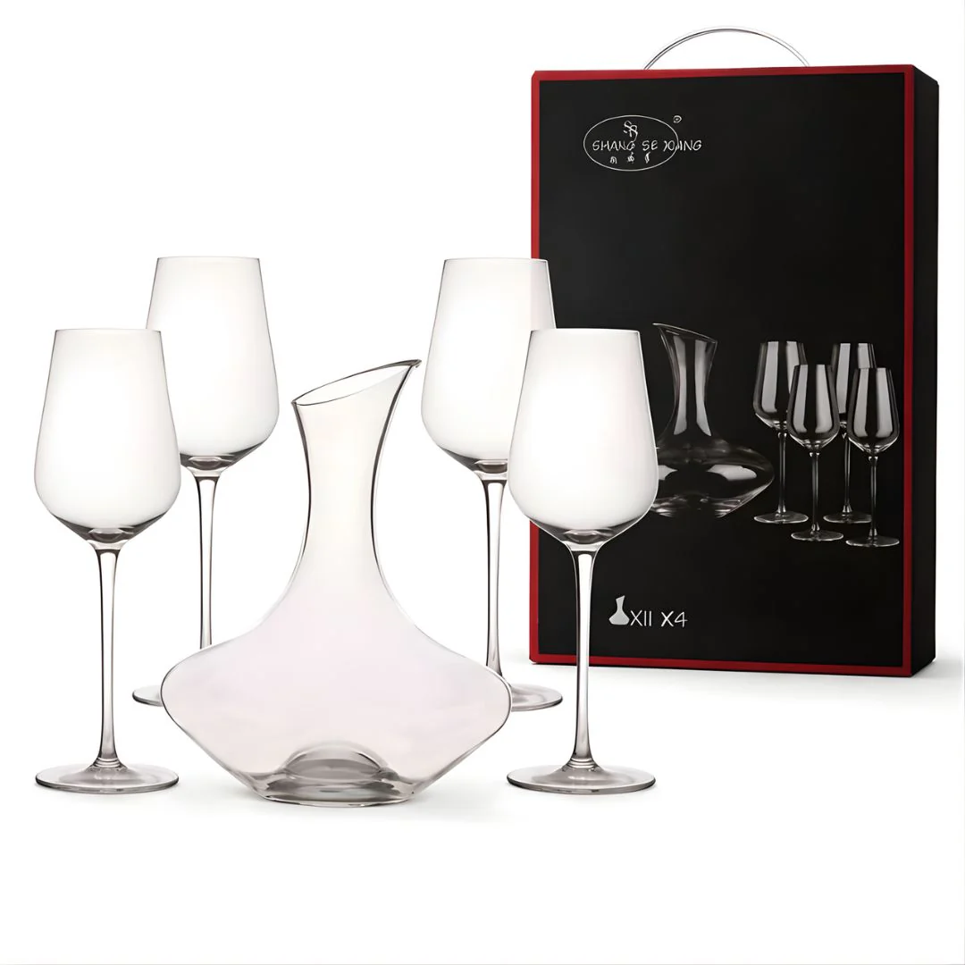 Copas De Cristal Con Decantador. Set Completo De Vino Con 4 Copas De 450 Ml Y Un Decantador 2100 Ml.